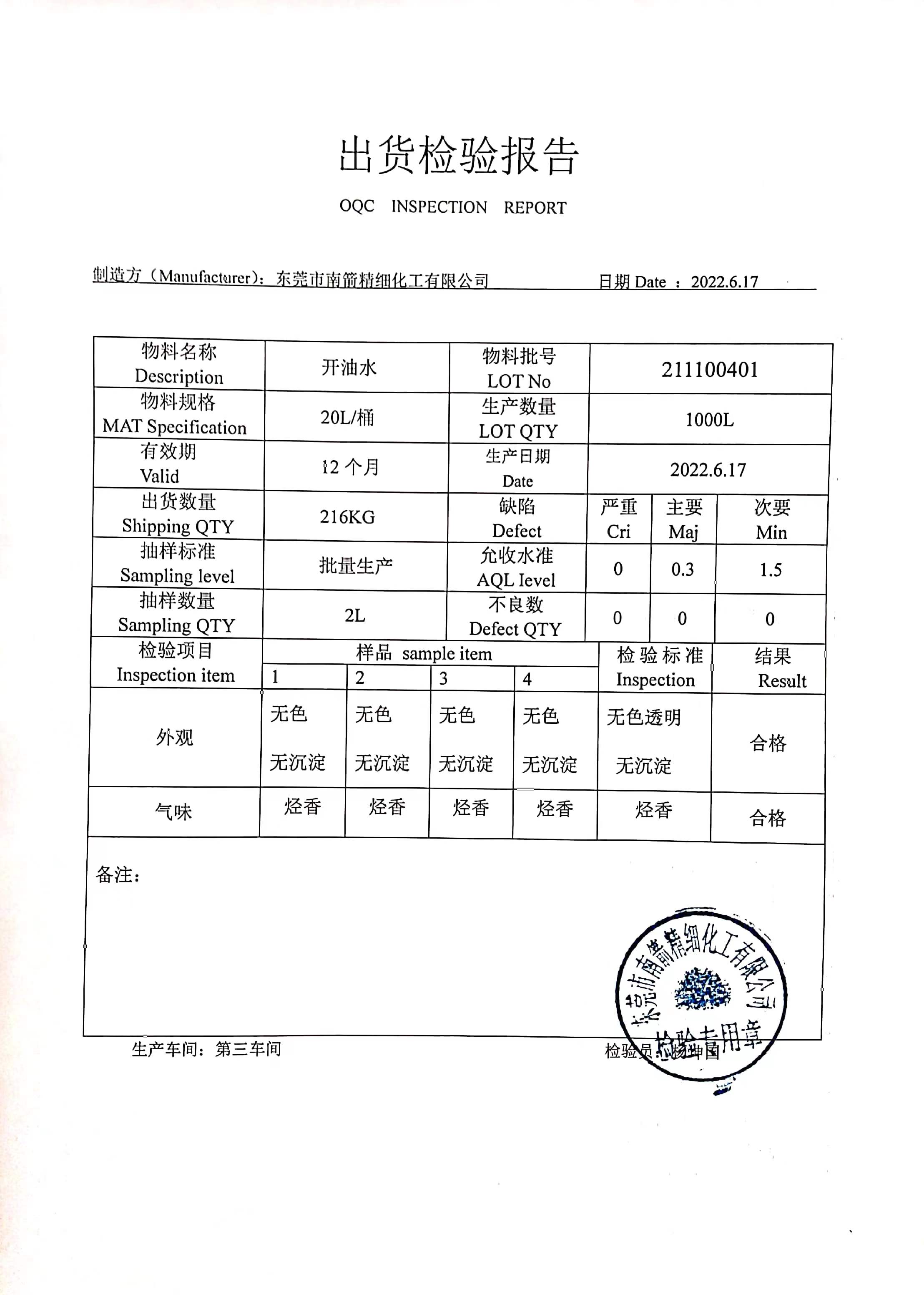 783稀釋劑質量檢測報告